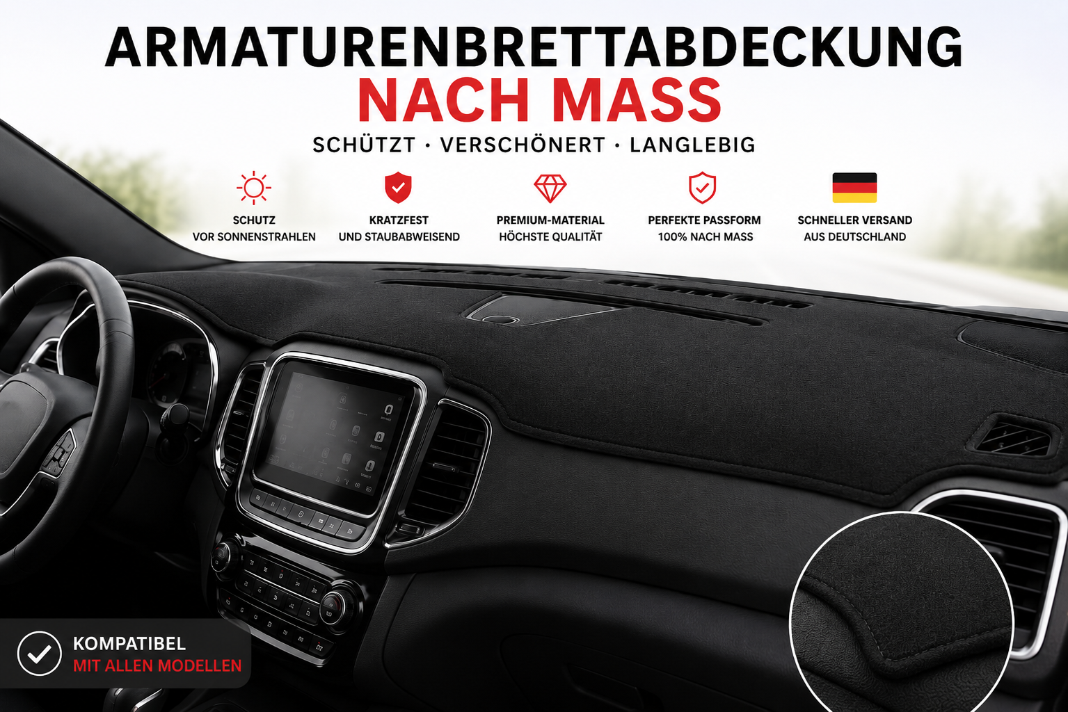 Maßgeschneiderte Armaturenbrettabdeckung für alle Fahrzeugmodelle (Premium-Polyestergewebe)